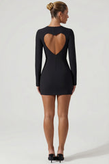 Cut-Out Heart-Detail Bodycon Mini Dress in Black