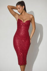 Embellished Sweetheart-Neck Midi Dress in Red