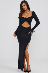 Ruffle-Trim Cut-Out Maxi Dress in Black