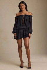 Off-Shoulder Asymmetric Balloon-Sleeve Mini Dress in Black