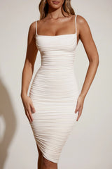 Ruched Cowl Neck Midi Dress in Ivory