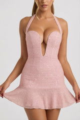 Embellished Halterneck A-Line Mini Dress in Lavender Pink