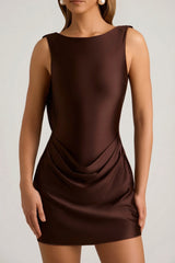 Draped Open-Back A-Line Mini Dress in Chocolate Brown