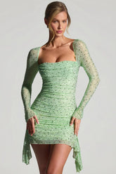 Embellished Draped Cowl-Neck Mini Dress in Pistachio