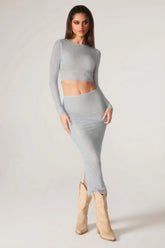 Embellished Low Rise Maxi Skirt in Aqua
