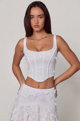 Embellished Lace-Up Corset Top in White