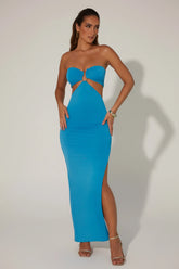 Ruched Hardware Detail Bandeau Floor Length Dress in Blue