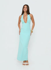 Soft Storm Plunge Halter Maxi Dress Turquoise