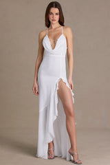 Premium Chiffon Cowl-Neck Open-Back Gown in White