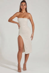 Embellished Bandeau Cowl Neck Midi Dress in Ivory