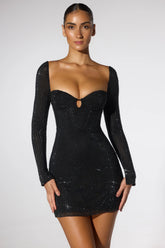 Embellished Corset Open Back Long Sleeve Mini Dress in Cobalt Blue
