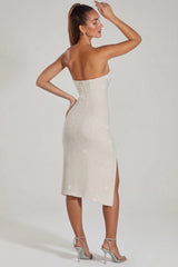Embellished Bandeau Cowl Neck Midi Dress in Ivory