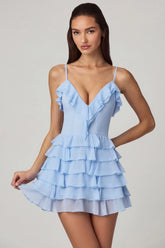 Ruffled Lace-Up A-Line Mini Dress in Powder Blue