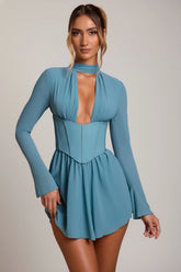 Long Sleeve Plunge Neck Mini Dress in Teal