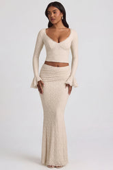 Draped Low-Rise Lace Maxi Skirt in Ivory