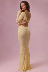 Premium Lace Long-Sleeve Maxi Dress in Butter Yellow