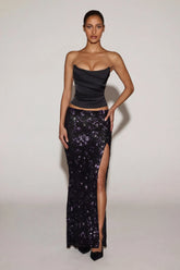 Embellished Mid-Rise Thigh-Split Maxi Skirt in Black Purple