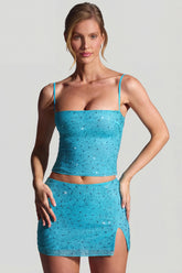 Embellished Mid-Rise Micro Mini Skirt in Aqua Blue