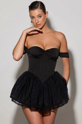 Off-Shoulder Layered Corset Micro Mini Dress in Black