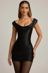 Satin Off-Shoulder Draped Mini Dress in Black