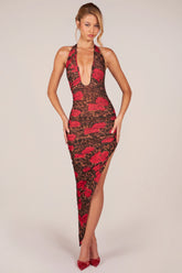 Halterneck Split Hem Midaxi Dress in Rose Leopard Print