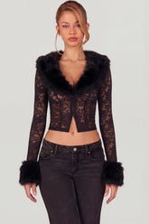 Sheer Lace Faux-Fur-Trim Cardigan in Black