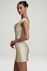 Satin Off-Shoulder Draped Mini Dress in Ivory