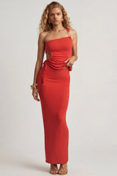 Textured Jersey Low-Rise Maxi Skirt in Chilli Red