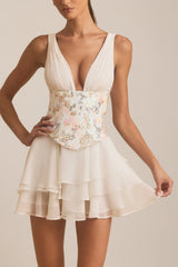 Embellished Ruffled Corset Mini Dress in Ivory