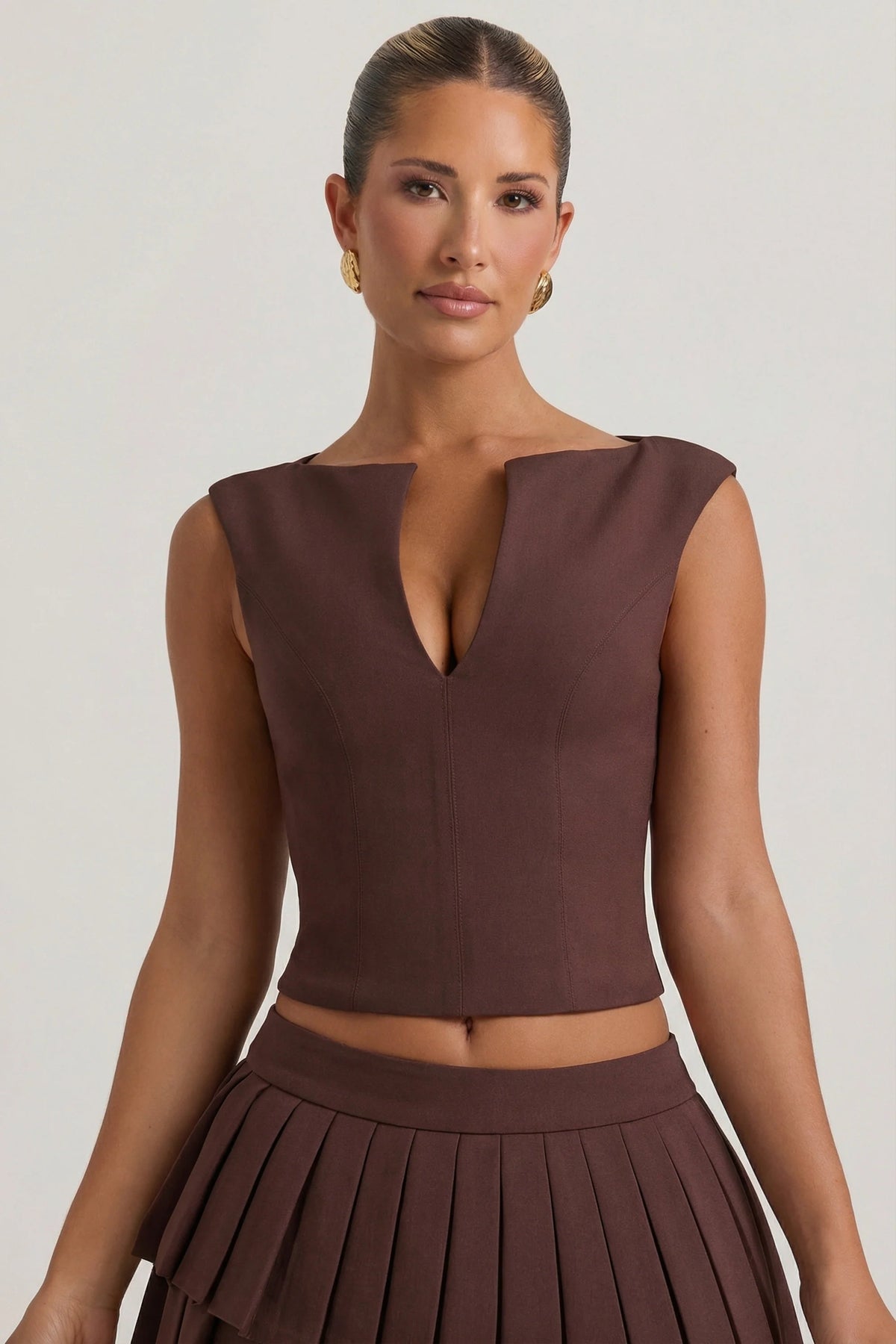 Open-Front Crop Top in Chocolate Brown