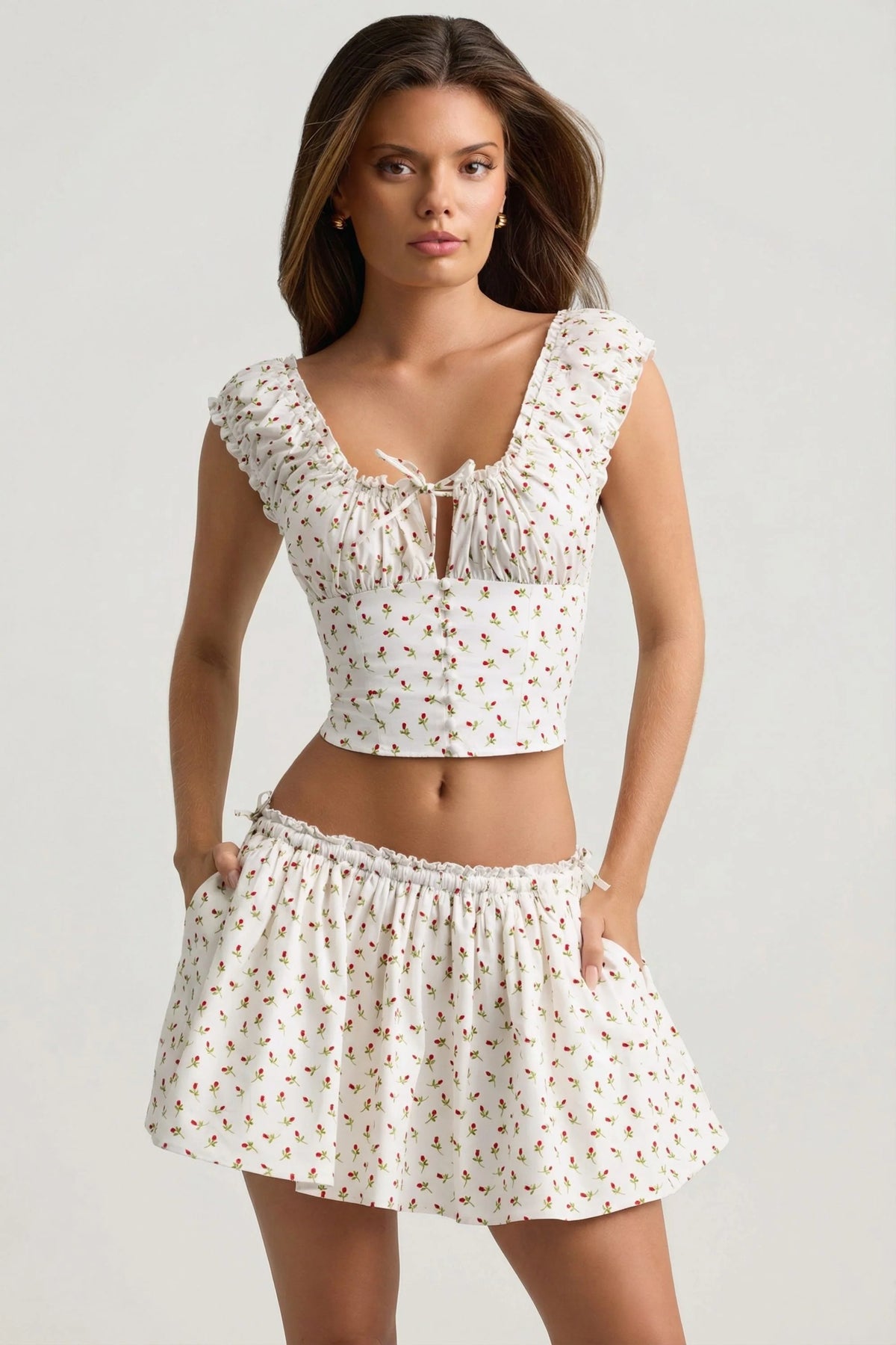 Ruched Cotton-Poplin Mini Skirt in Rose Print
