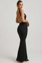Pearl-Detail Halterneck Maxi Dress in Black