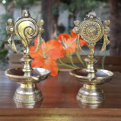 Novrla Shanku & Chakra Diya (Set of 2) - Handmade Brass lamp - Decorative