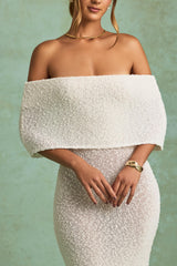Bouclé Off-Shoulder Maxi Dress in White