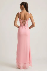 Embellished Plunge Ruffled Corset Maxi Dress in Pink