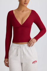 Ribbed Modal Ruched V-Neck Top in Burgundy