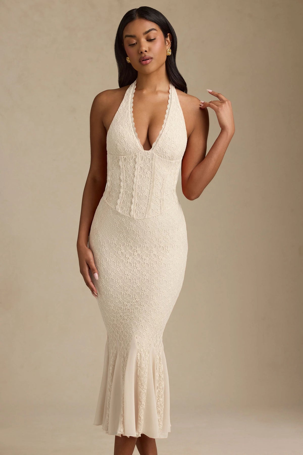 Halterneck Corset Lace Midaxi Dress in Ivory