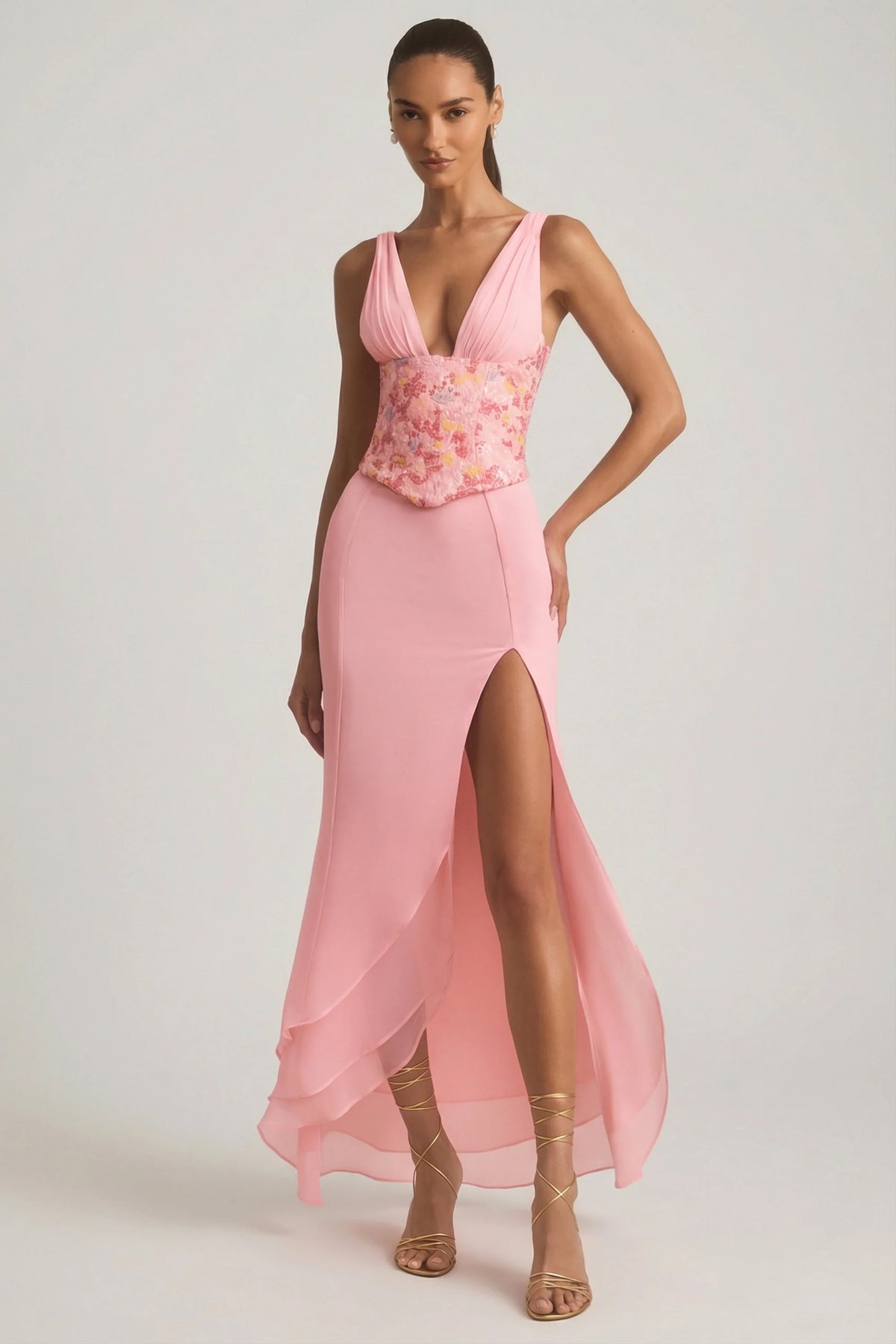 Embellished Plunge Ruffled Corset Maxi Dress in Pink