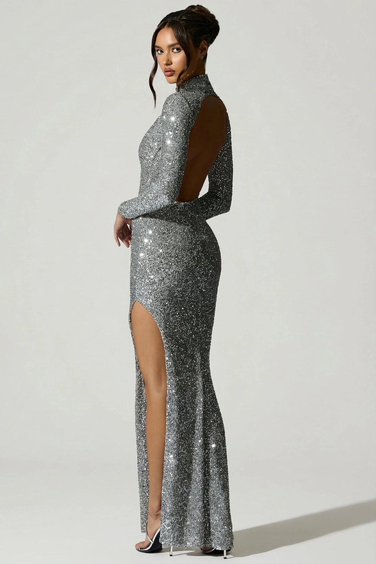 Embellished Open-Back Gown in Silver