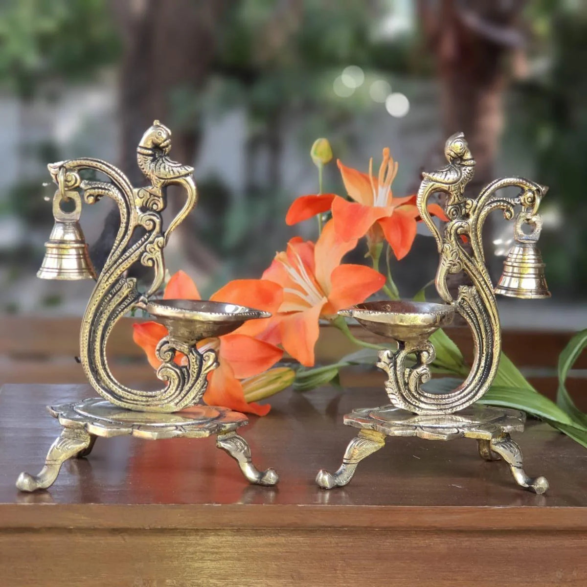 Novrla Peacock Diya With Bell (Set of 2) - Handmade Brass lamp - Decorative