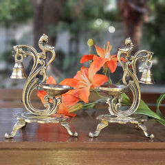 Novrla Peacock Diya With Bell (Set of 2) - Handmade Brass lamp - Decorative
