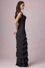 Asymmetric Ruffled Lace-Up Gown in Black