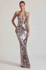 Sequin-Embellished Halterneck Maxi Dress in Silver