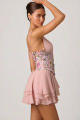 Embellished Ruffled Corset Mini Dress in Floral Pink
