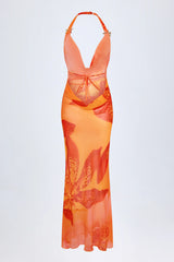 Cowl-Neck Hardware-Detail Maxi Dress in Orange Orchid Print