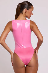 Vinyl Plunge Neck Bodysuit in Pink