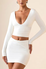 Modal Plunge Long-Sleeve Top in White
