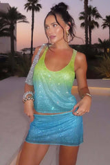 Embellished A-Line Mini Skirt in Blue Yellow Ombré