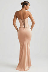 Draped Low-Rise Maxi Skirt in Beige Gold