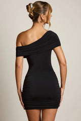 Off-Shoulder Draped Mini Dress in Black